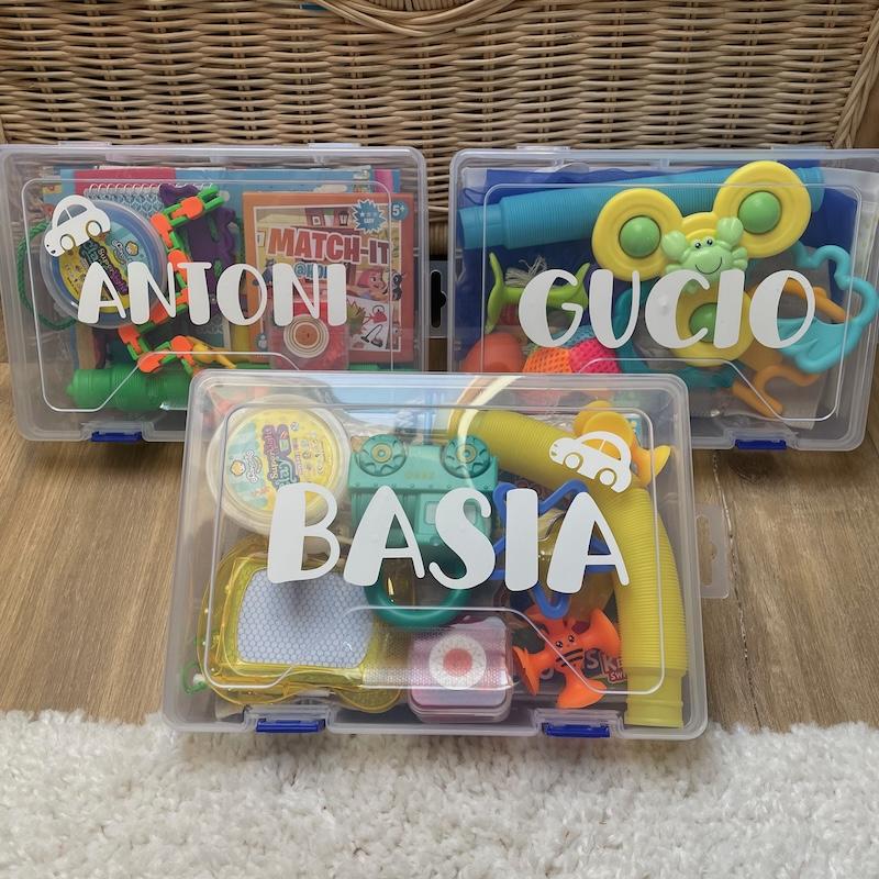 Three personalized Travel Boxes with children's names